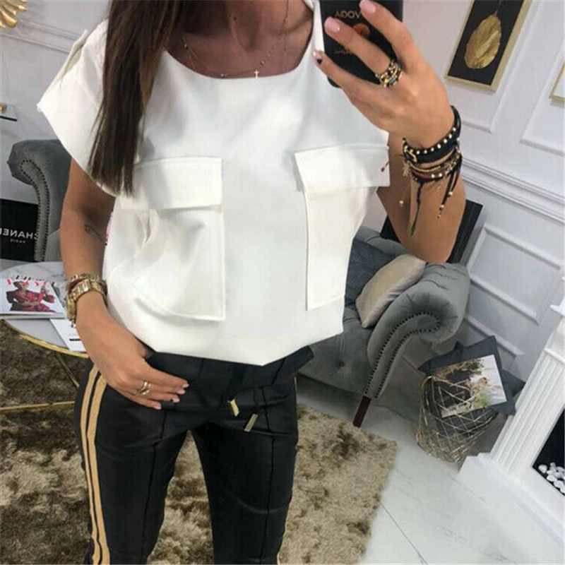 

Women Blouse Fashion Summer Short Sleeve Pocket Ladies Blouses White Shirt Womens Tops And Blouses Ladies Tops Chiffon Blouse