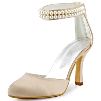

Champagne Women High Heels Pumps Ankle Strap Bridal Wedding Shoes Satin Ladies Bridesmaids Prom Party Pumps Woman Shoes AJ3065