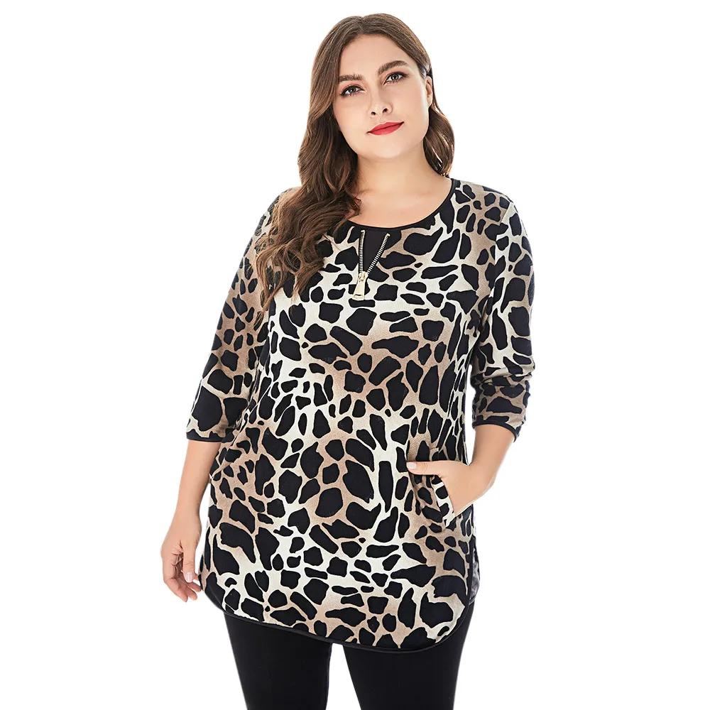 Wipalo Plus Size Women Leopard Print Long Sleeve Side Slit T Shirt Female Casual Zipper Pocket