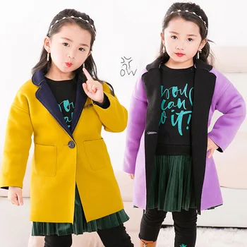 

new Korean version of girls woollen long coat children's suit collar purple trench coat tide