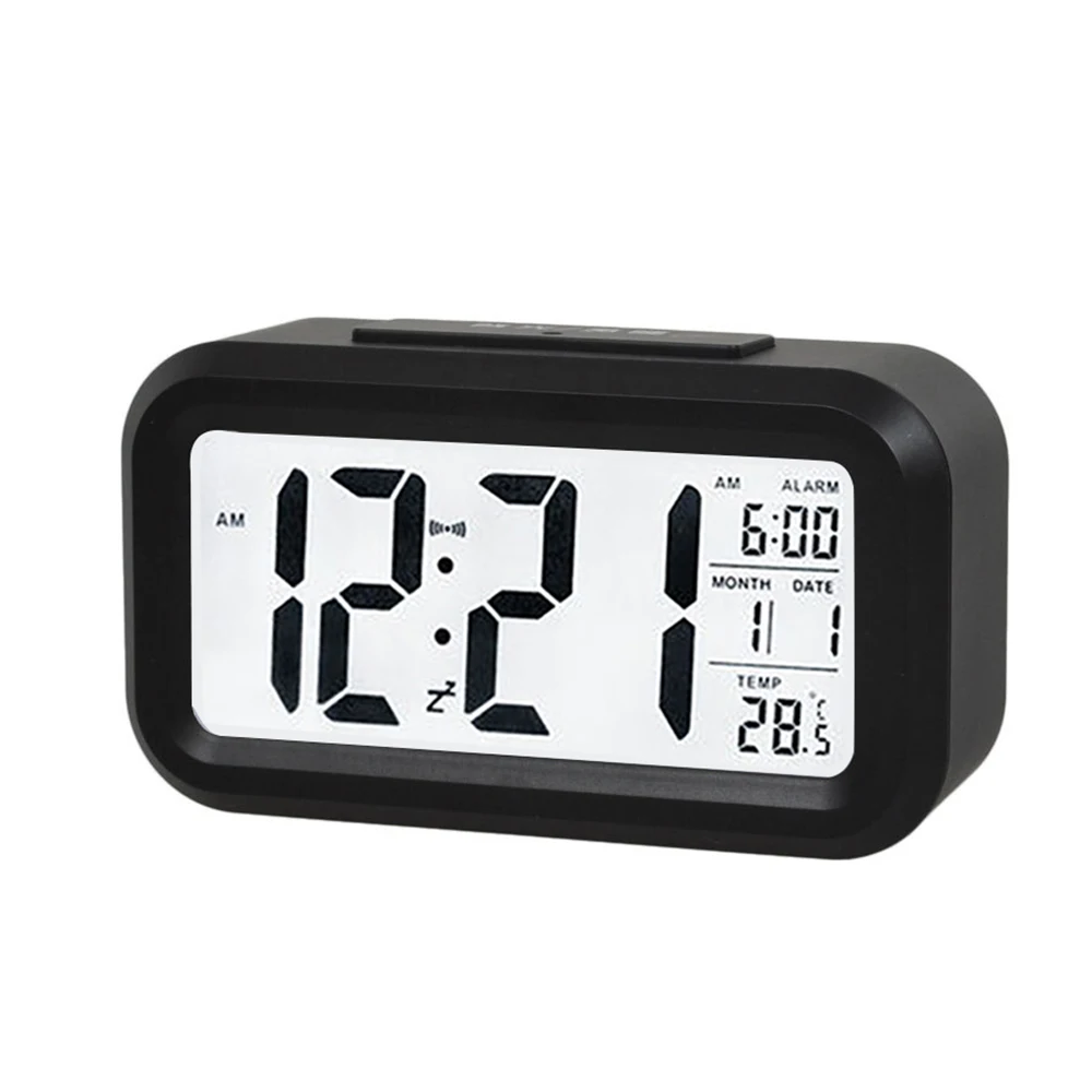

LCD Display Digital Alarm Clock Time Snooze Function Electronic BackLight Sensor Night Light Office Table Student Kids Clock