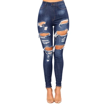 

Fashion Ripped Jeans For Women Middle Waist Slim Jeans Casual Skinny Denim Cotton Hole Pencil Feet Jeans Pants
