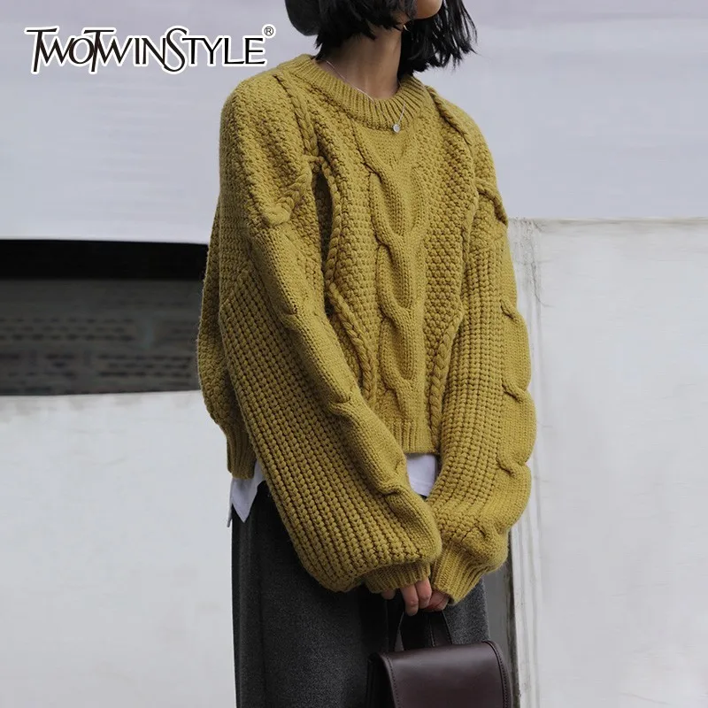 TWOTWINSTYLE Knitting Pullover Tops Female O Neck Lantern Long Sleeve Short Sweater Women Casual Fashion 2019 Spring Autumn | Женская