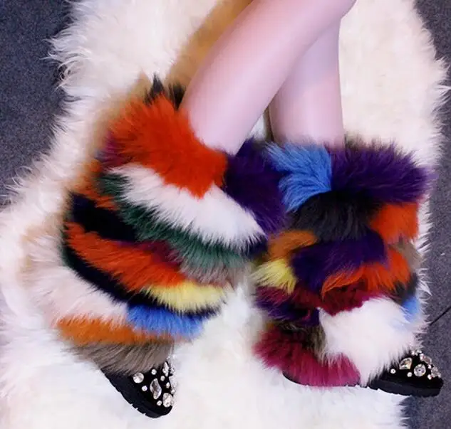 

Dipsloot 2019 Women Sexy Multi Color Fur Slip-on Mid-calf Boots Ladies Round toe Fat Winter Warm Snow Boots Girls Platform Shoes