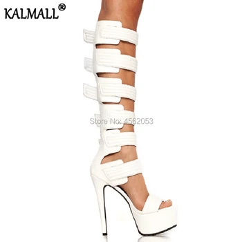 

KALMALL Plus Size EU45 Gladiator Knee High Boots Summer Narrow Straps Thin Heels Black White Pink Leather Roman Platform Sandals