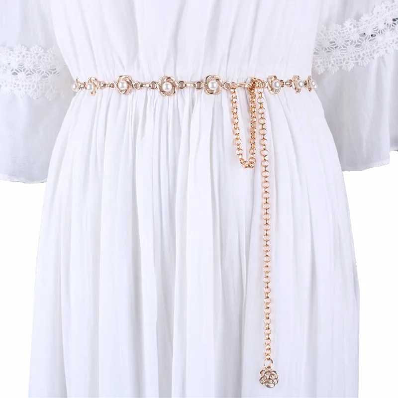 

sweet rhinestone pearl thin waist metal chain belts rose flower for women dresses sweater female ladies luxury ceinture femme
