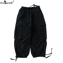 2019 Side Big Pocket Denim Cargo Pants Hip Hop Solid Loose Full Length Jeans High Elastic Waist Streetwear Trousers Summer New 2019 Side Big Pocket Denim Cargo Pants Hip Hop Solid Loose Full Length Jeans High Elastic Waist Streetwear Trousers Summer New