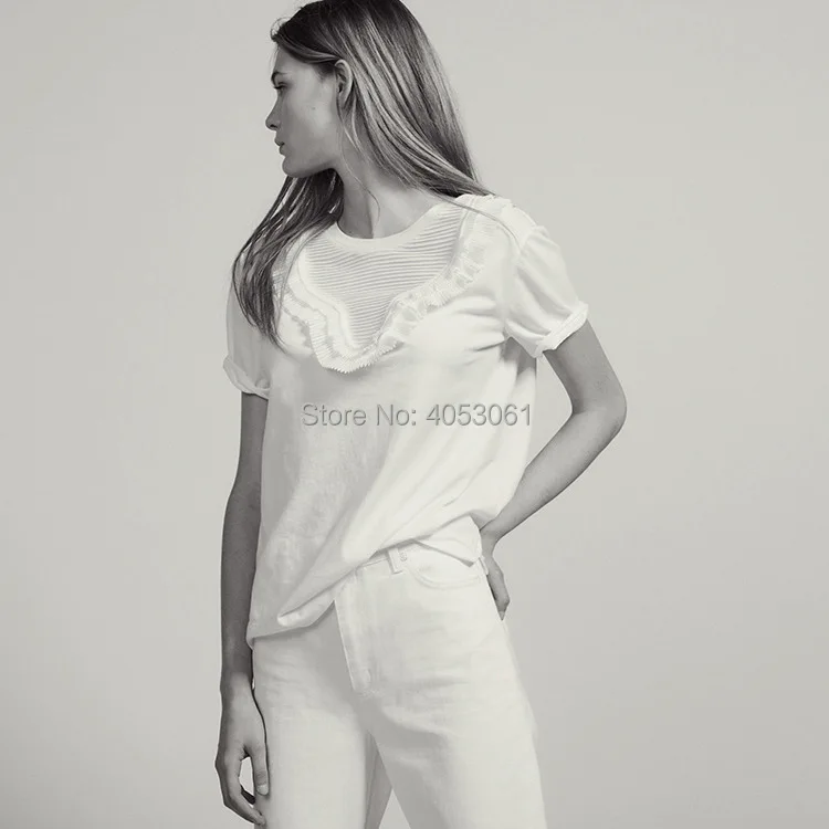 

White Ruffled Pleated Neckline Top Features Back With Tie - 2019 Spring Summer Round Neck Short Sleeve Blouse Top