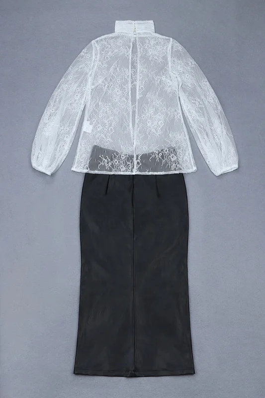 Jupe Dentelle Longues Cuir Élégant Blanc Haute De Soirée Pièces Tops Femmes Manches En Ouvert Robe Fourche 2 Qualité À 7x8XzZq