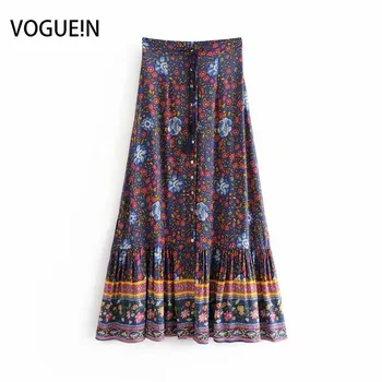 

VOGUEIN New Womens Retro Ethnic Floral Print A-Line Elastic Button Down Tie Maxi Skirt Wholesale