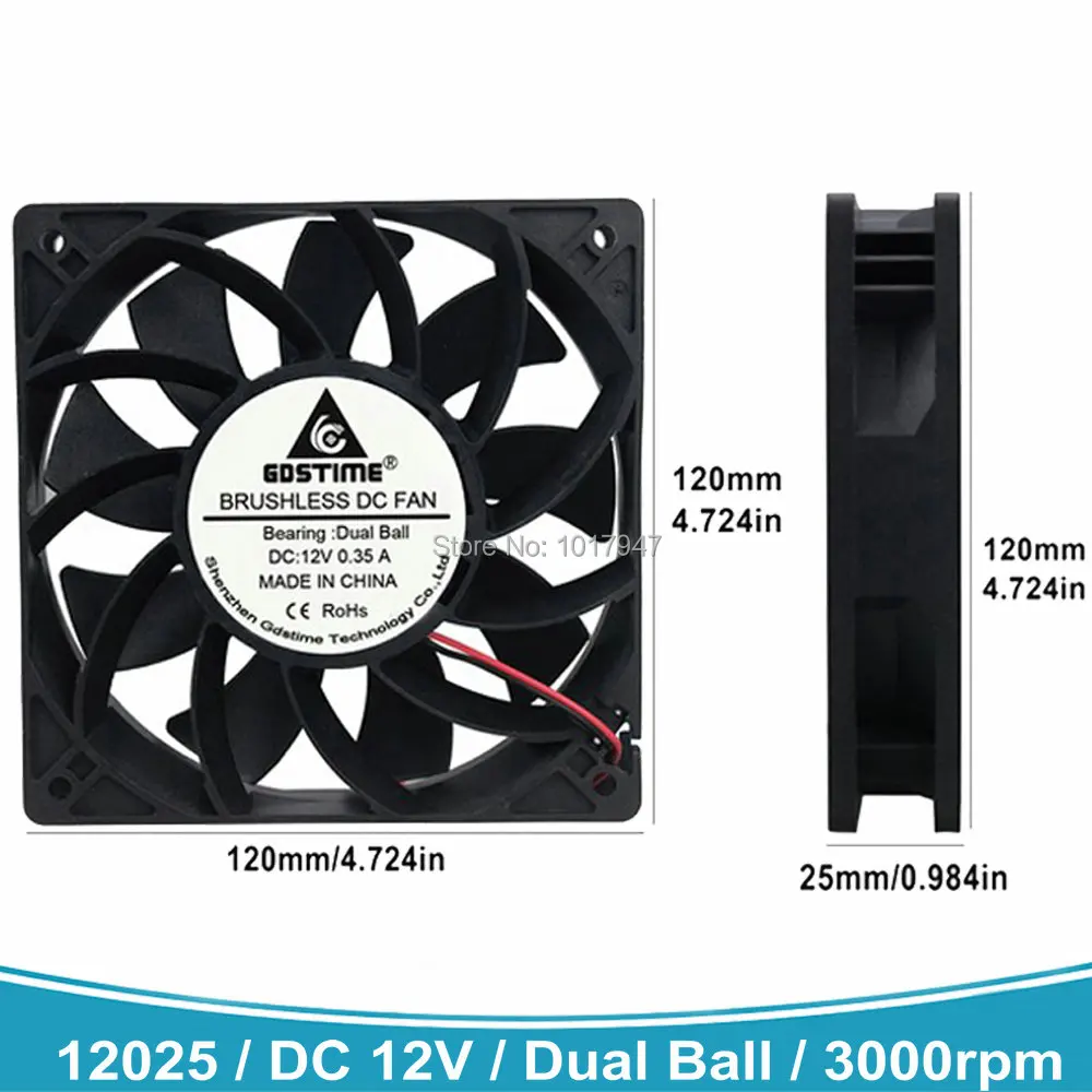 

5 Pcs Gdstime High Speed Wind Pressure 12025 DC 12V 2Pin Dual Ball Bearing 120x120x25mm 12cm 120MM Cooling Fan