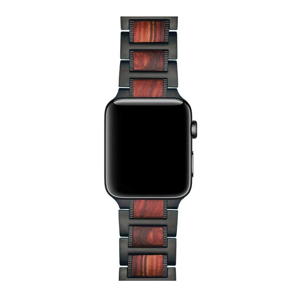 

Apple Watch Series 3 Band, 42mm Natural Wood Red Sandalwood Black Stainless Steel Bracelet Strap Replacement iWatch Series 3/2/1