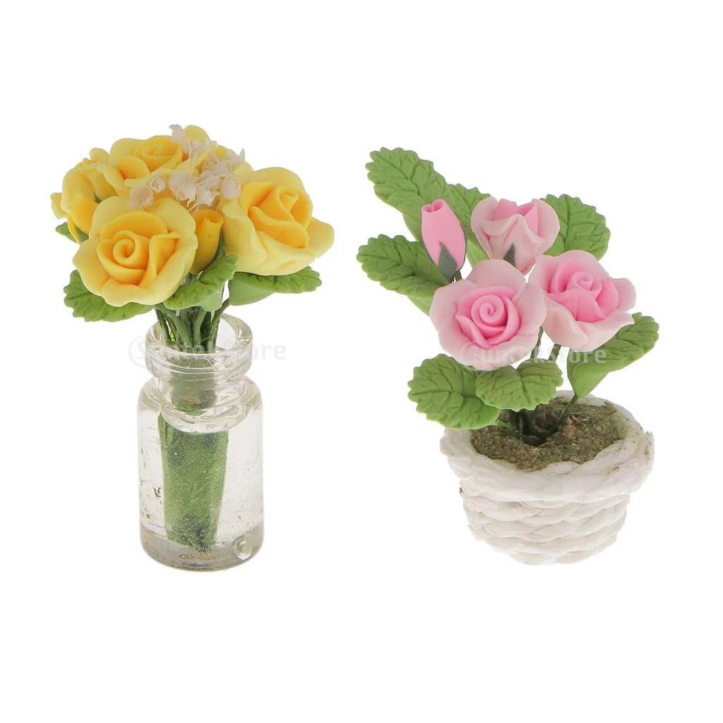 1:12 doll house miniature clay flower yellow//pink ros