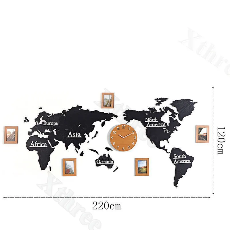 220 см большая Деревянная Карта мира большие настенные часы Античные DIY 3D с 3 шт. фоторамка гостиной декоративные современные настенные часы