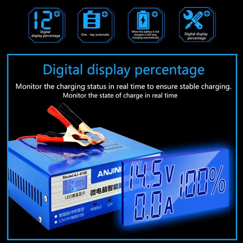 

12V 24V 200AH Car Storage Battery Charger Full Automatic Intelligent Pulse Repair Battery Charger Copper High Power US EU Plug