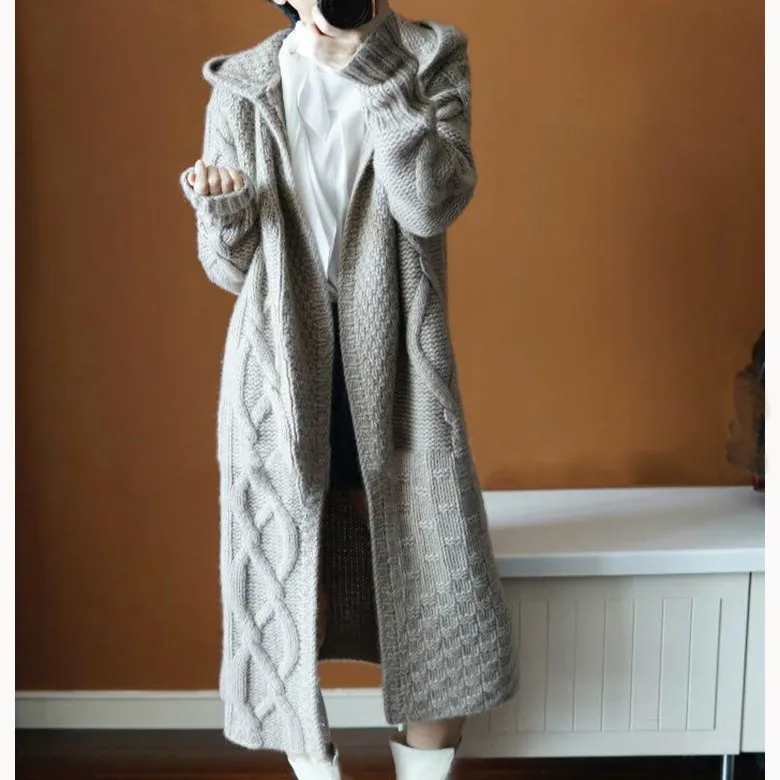 Autumn Winter Women Hooded Sweater Long Sleeve Solid Cardigan Coat Loose Thick Knitted Long