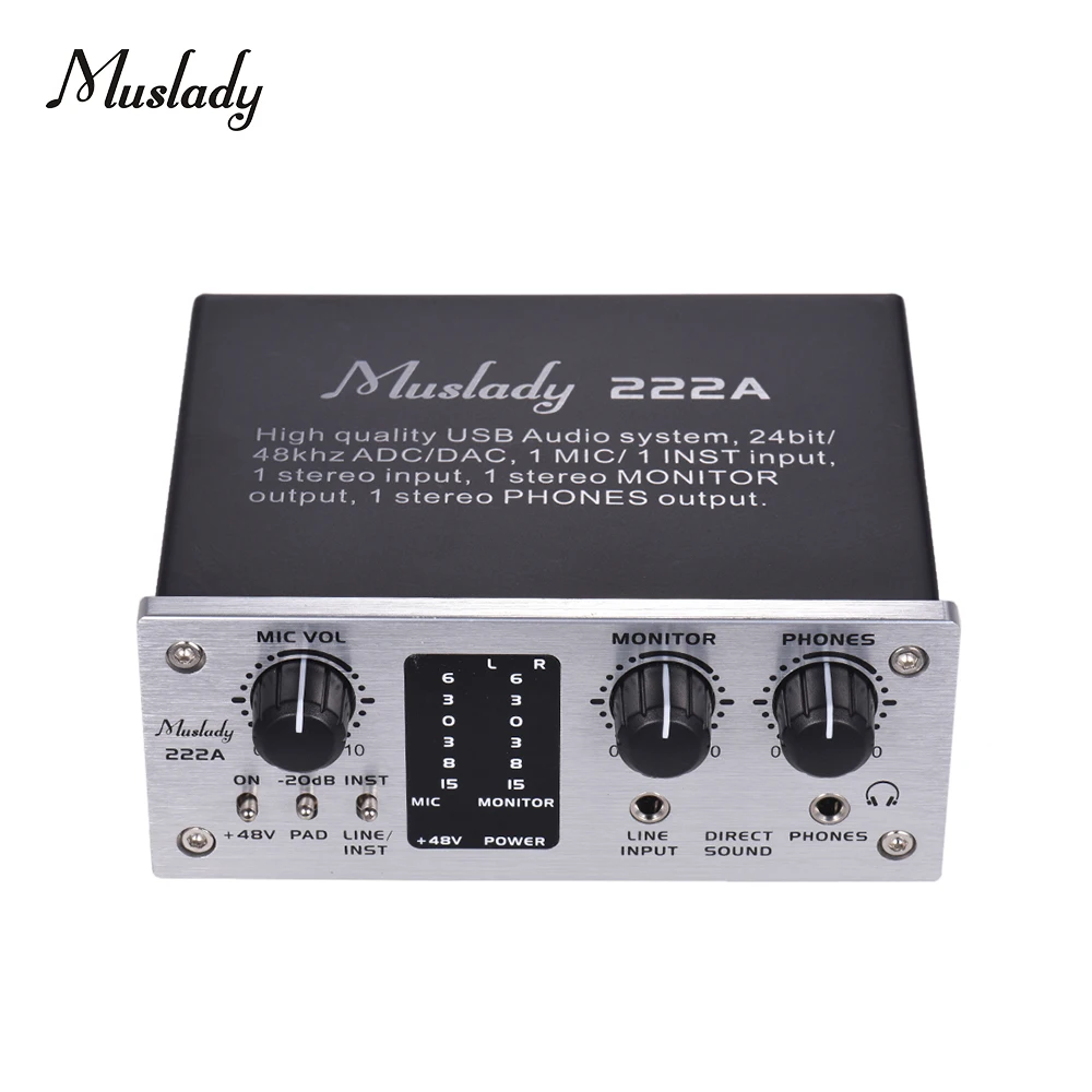 

Muslady 222A 2-Channel USB Audio System Interface External Sound Card +48V phantom power DC 5V Power Supply With USB Cable