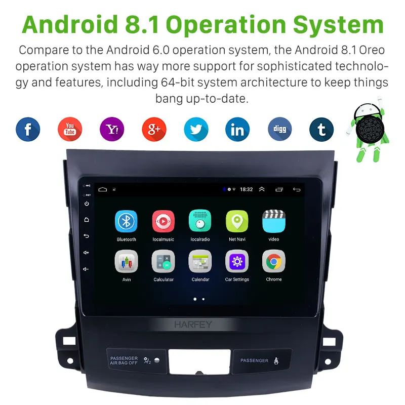 Perfect Harfey for 2006-2014 MITSUBISHI Outlander 9" Android 8.1 Bluetooth GPS Navi Radio system support OBD2 SWC Rearview Camera TPMS 1