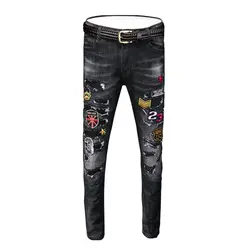 Весна и лето черные джинсы мужские зауженные брюки отверстие корейской версии тенденция вышитые уличной моды брюки