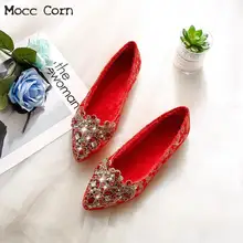 Женские свадебные туфли острый носок Дамская обувь Повседневное стразы на низком каблуке Туфли без каблуков красного цвета, на плоской подошве Женская обувь большие размеров 41, 42, 43