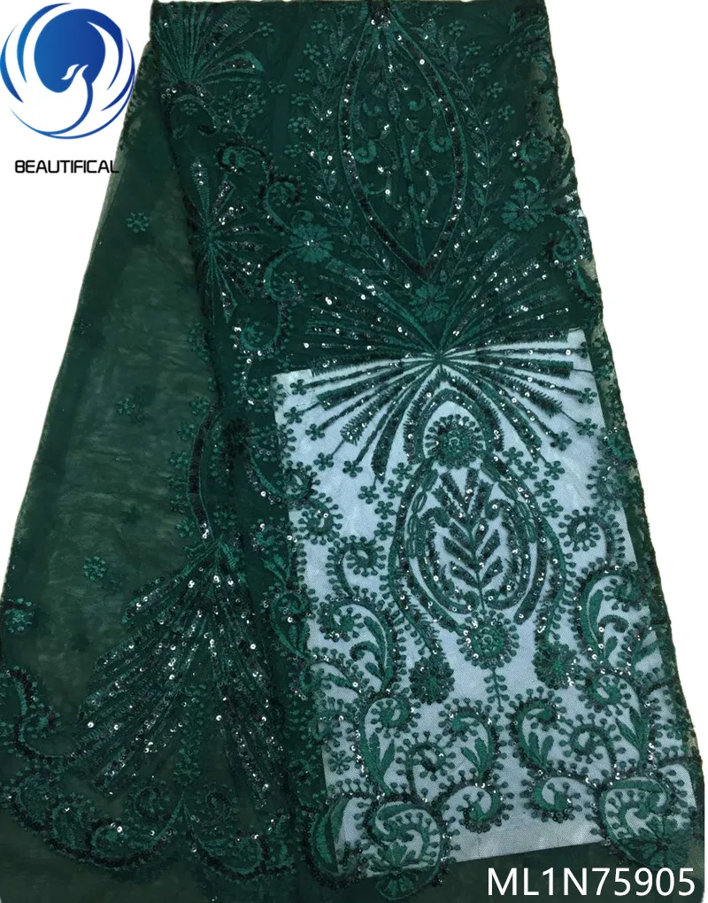 

BEAUTIFICAL green sequin lace fabrics for african parties nigerian lace fabrics 2019 african lace fabric 5yards/piece ML1N759