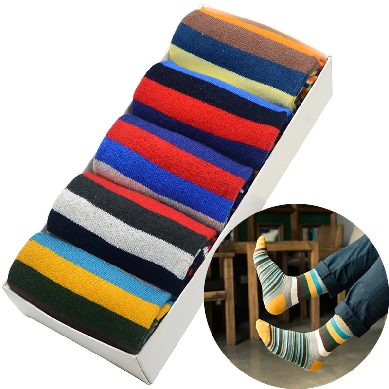 

Colorful Striped Men Socks 5 Pair/set Fashion Happy Stripes Cotton Men Crew Socks Hipster Socks with Gift Box