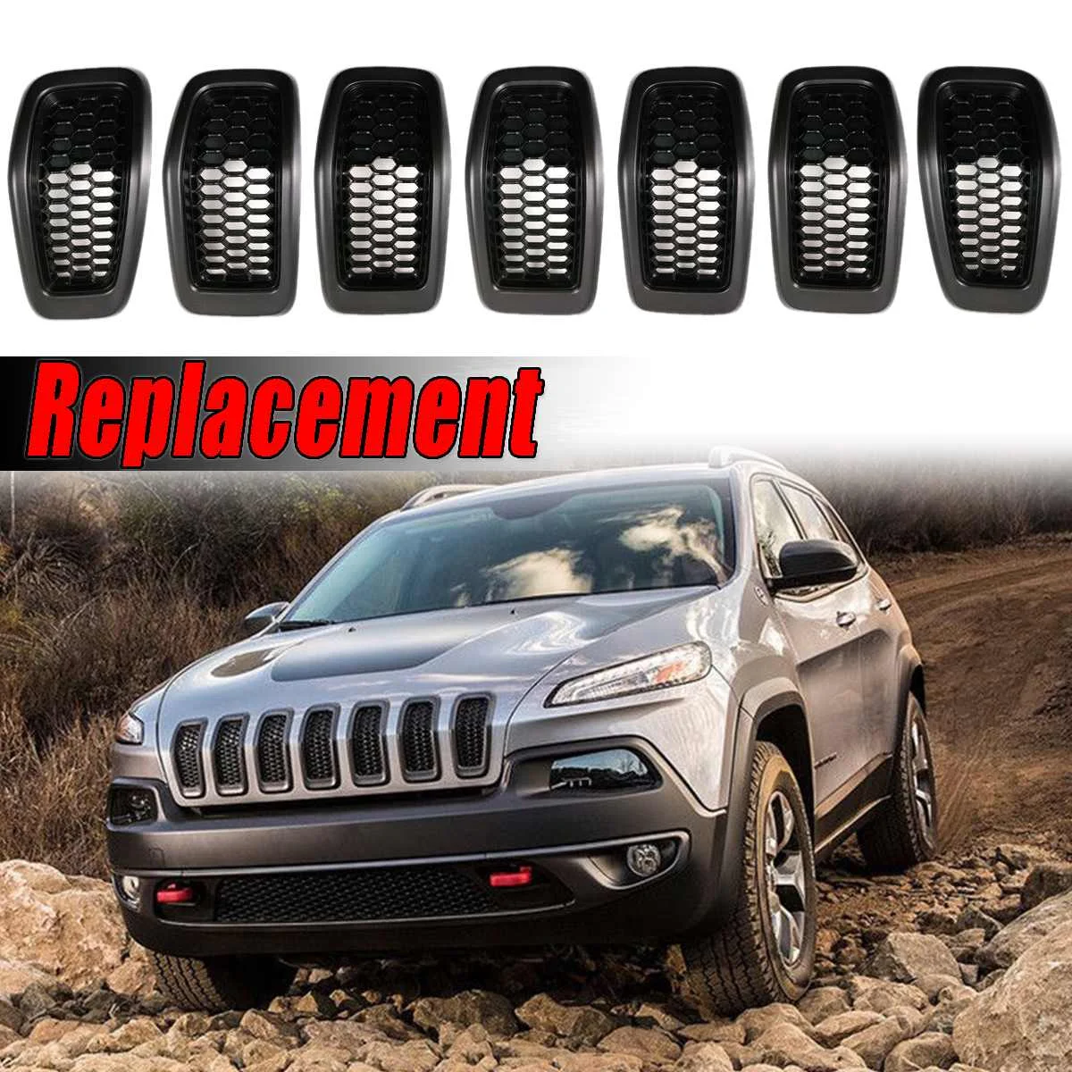 

7Pcs/set Grey Rings + Glossy Black grilles Front Grille Grill Inserts Grey Rings Covers For Jeep Cherokee 2014-2018 ABS