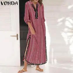 VONDA женские повседневные платья с v-образным вырезом и кисточками, с длинными рукавами, 2019 осеннее Полосатое платье в пол, длиной до