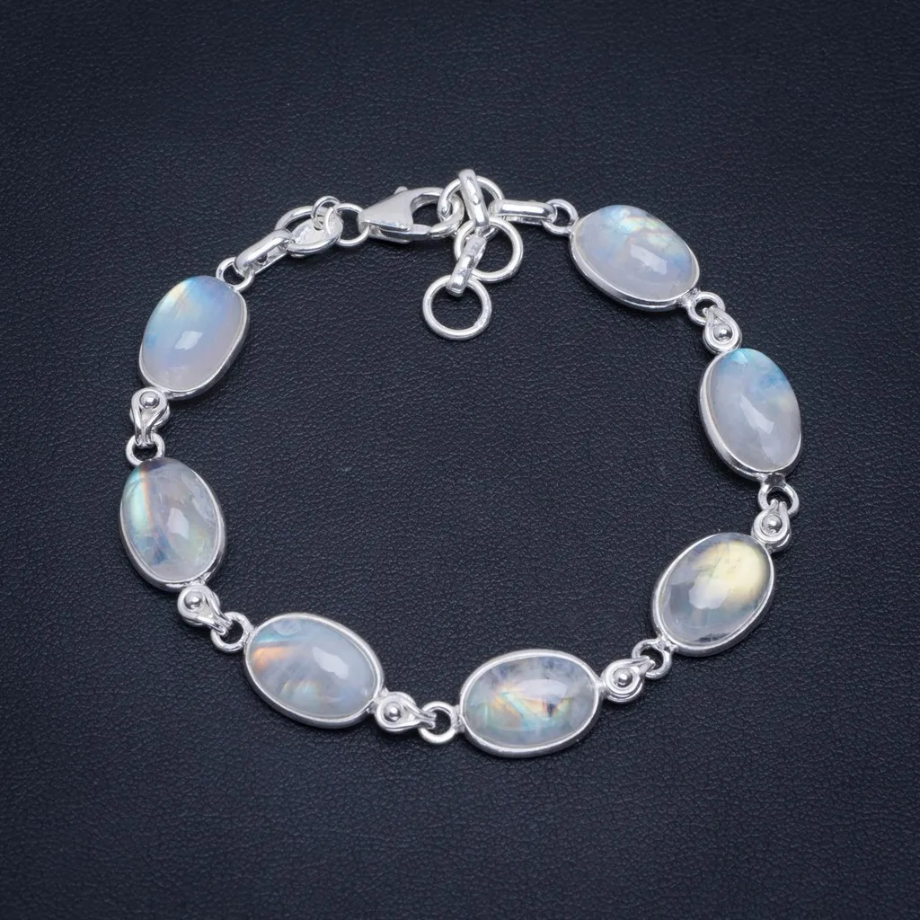 

Natural Rainbow Moonstone Handmade Unique 925 Sterling Silver Bracelet 6.5-7.5" A2918