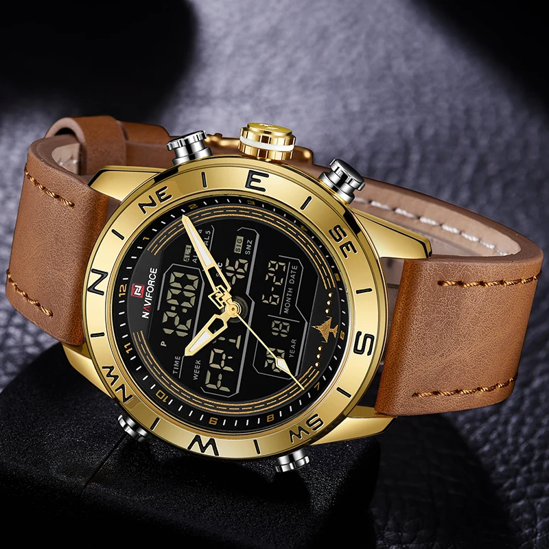 Luxury Brand Men NAVIFORCE 9144 Gold Army Military Watch Led Digital Leather Sports Watches Quartz