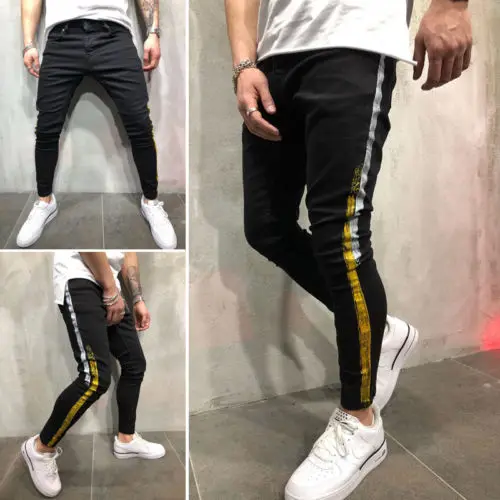 Джинсы для байкеров мужские 2019 новые модные обтягивающие черные джинсы в желтую полоску узкие уличные джинсы в стиле хип-хоп