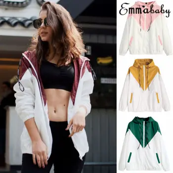 

Fashion Hooded Windbreaker Jacket Zipper Pockets Casual Long Sleeves Feminino Coats Outwear