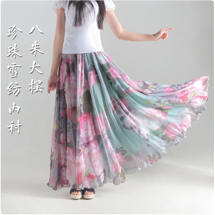 

2018 Summer Boho Skirts Womens High Waist Floral Printed Pleated Chiffon Long Skirt Elegant Bohemian saia longa