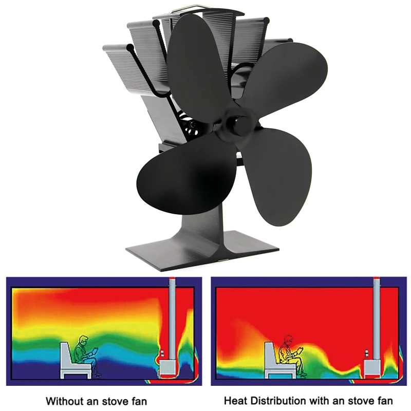 Good Buy Black Fireplace 4 Blade Heat Powered Stove Fan Komin Log