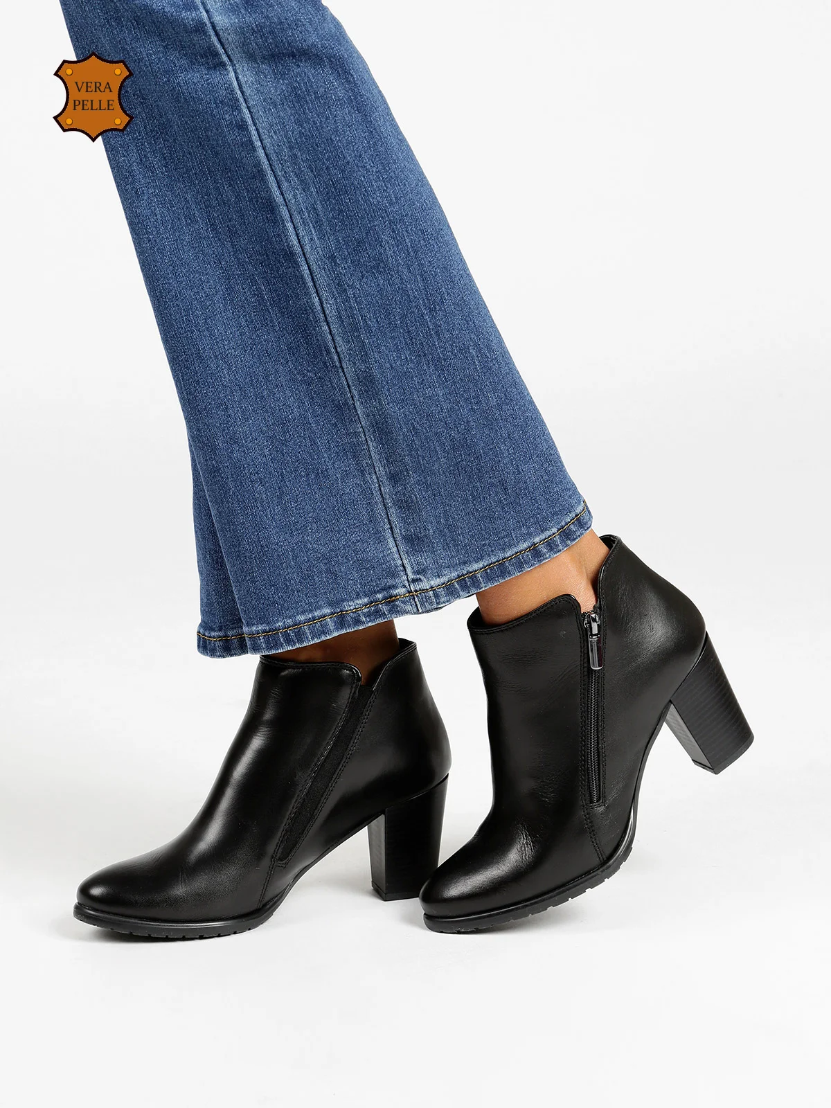black leather booties with block heel