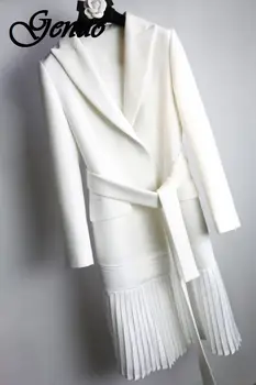 

2019 new fashion women clothes turn-down collar full sleeve sashes open stitch pleated bottom