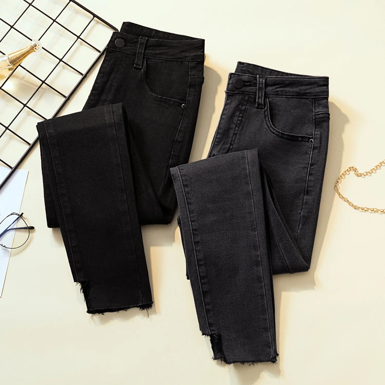 

Irregular Skinny Pencil Jeans For Woman Gray Black Stretch Mom New Ripped Jeans Plus Size High Waist Ladies Women Jeans Mujer