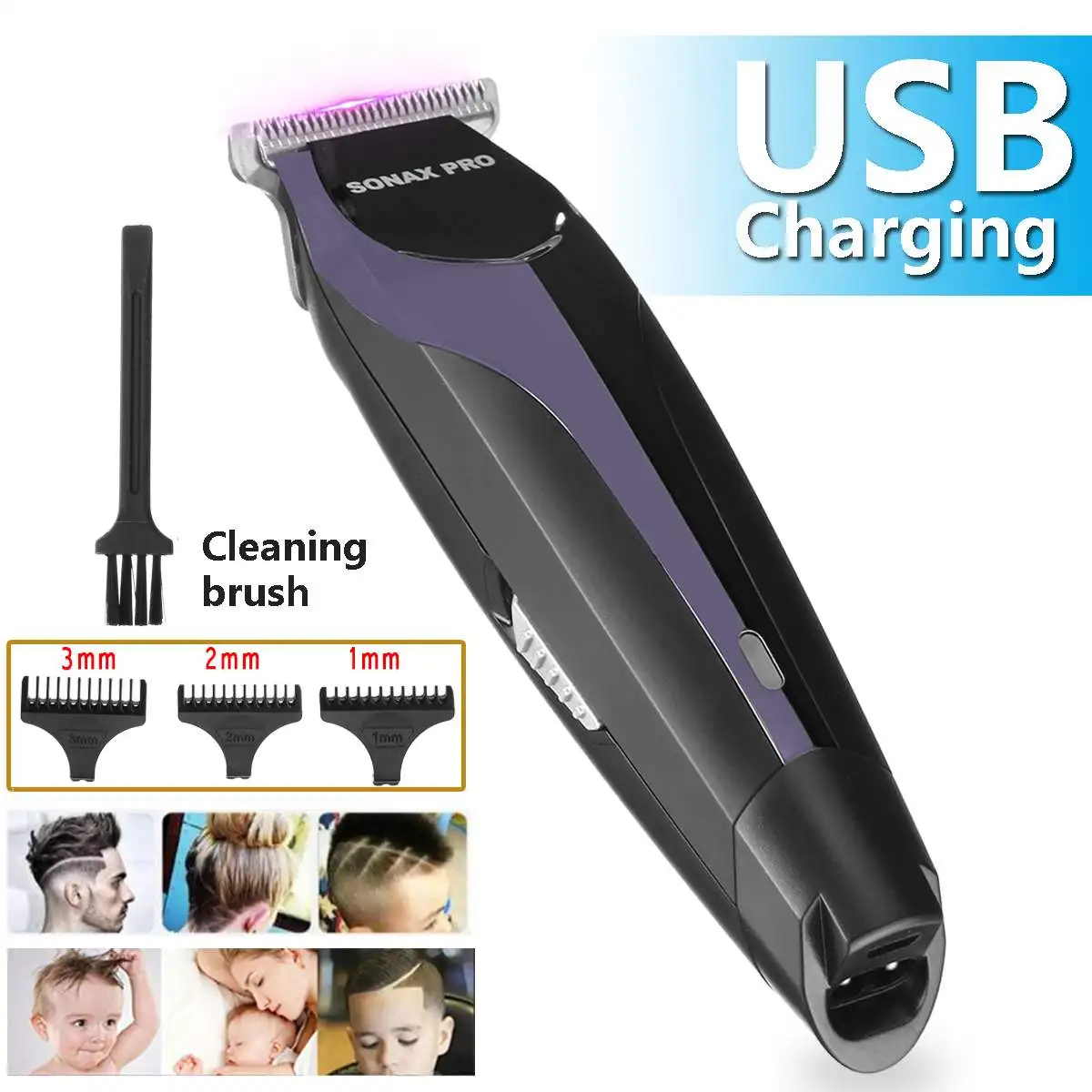 

Hair Trimmers Cordless 3W Professional Electric Rechargeable Haircut Clipper Shaver 110-240V 3 Combs LED Light Precision Steel