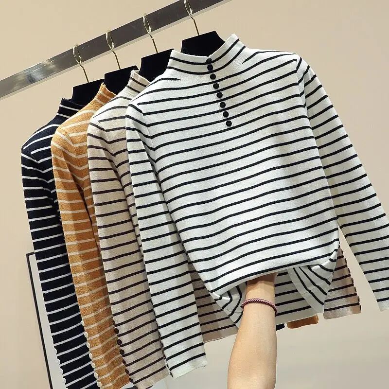 La MaxZa Long Sleeves Chest Buttons Stripes Elastic Knitwear High Necked Bottoming Pullovers 2018 Autumn Winter sweaters 2690 | Женская