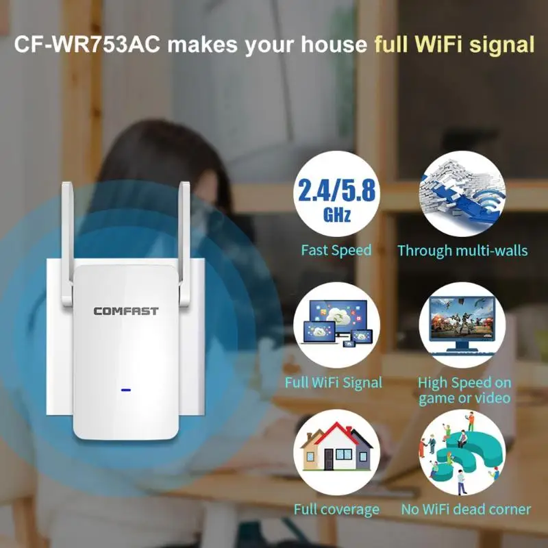 

High Power 1200Mbps WIFI Extender Router Repeater Dual Band 2.4G 5.8G Wireles Range Signal Amplifier Router with Dual Antennas