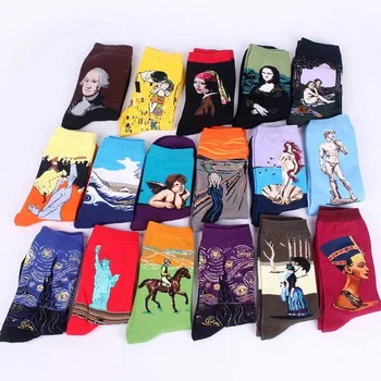 

New Fashion Women Men Happy Socks Unisex Mona Lisa Fine Art Painting Skateboard Cotton Socks Calcetines Hombre Divertido