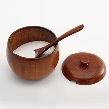 2 комплекта, винтажный Японский стиль, твердая древесина, натуральная банка для специй, деревянный горшок для приправ с ложкой и крышкой для кухни и дома