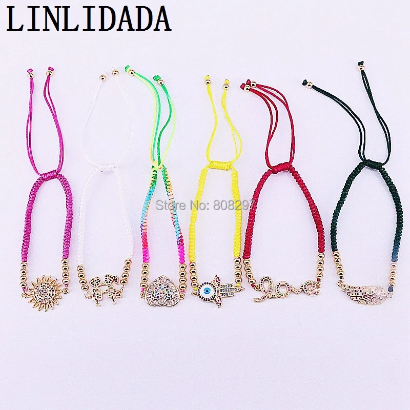 

Mix Style 10Pcs Hot Sale CZ Micro Pave Connector With Macrame Cord Thread Rope Adjustable Bracelet For Women Fashion Jewelry