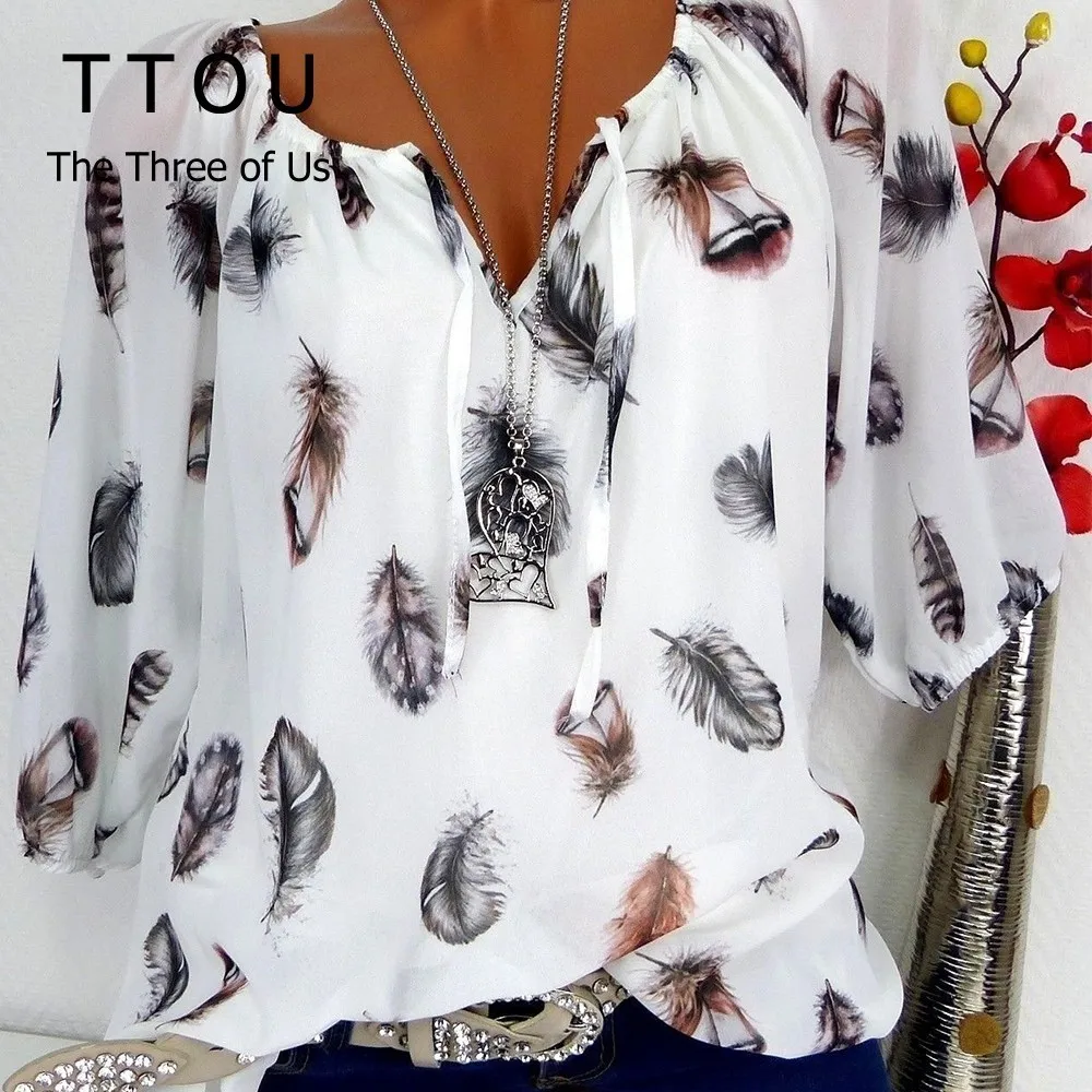TTOU أزياء المرأة البلوزات الصيف قمم جديد الترفيه بلوزة الأبيض فضفاض ريشة طباعة V الرقبة نصف كم القمصان 5XL زائد حجم TTOU أزياء المرأة البلوزات الصيف قمم جديد الترفيه بلوزة الأبيض فضفاض ريشة طباعة V الرقبة نصف كم القمصان 5XL زائد حجم