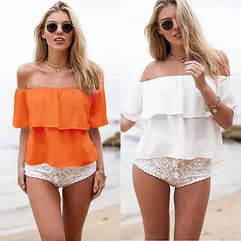 

Sexy Women Girls Summer White Off Shoulder Chiffon Blouse Shirt Crop Tops 2016 beach new arrival