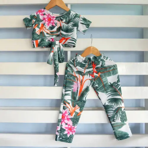 Новинка, детский короткий топ с цветочным принтом в стиле бохо для маленьких девочек, футболка, штаны, летняя одежда, США