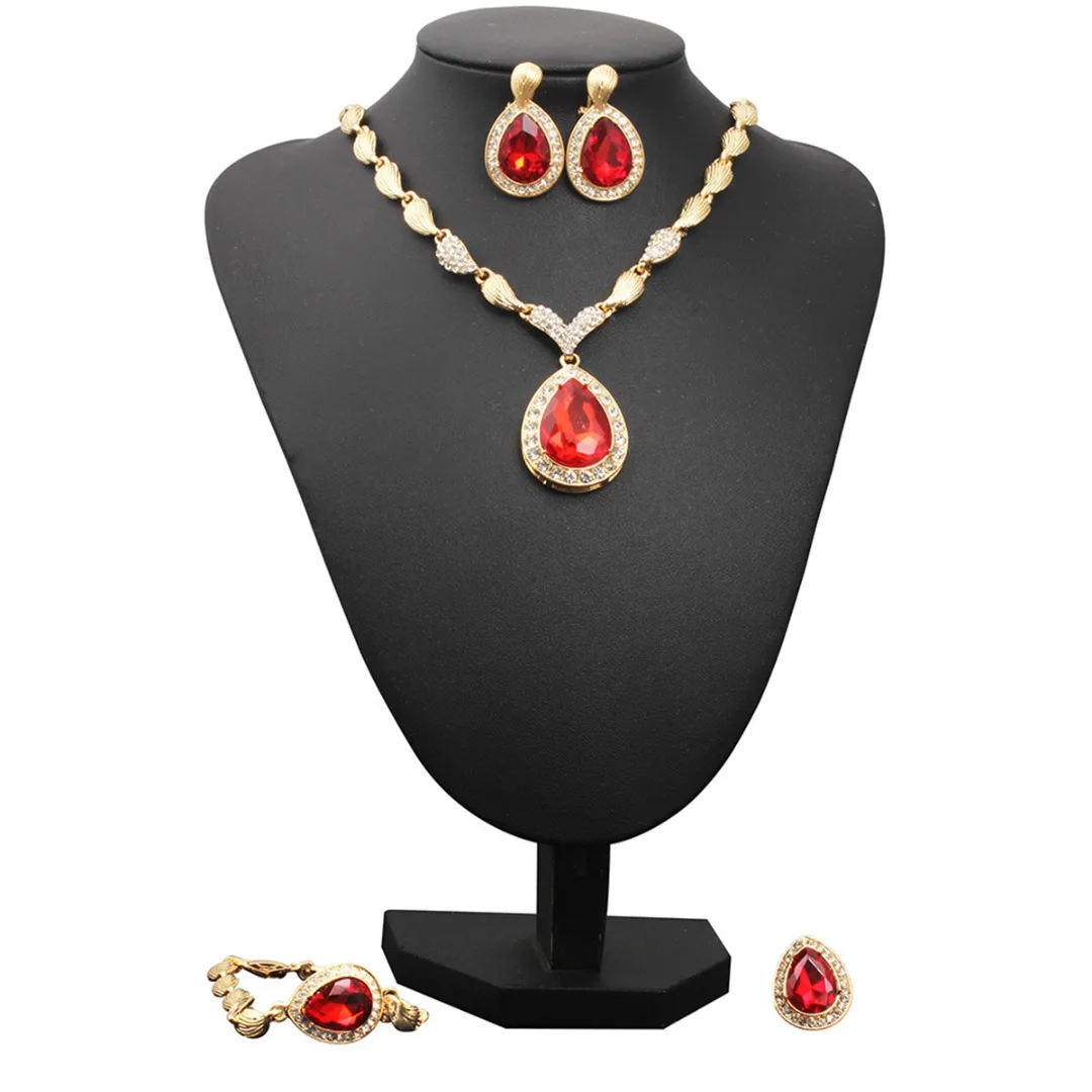 

Hot Charms Water Drop Red Rhinestone Gold Jewelry Set For Women Vintage New Design Gold Earring Necklace Ring Bracelet Shellhard