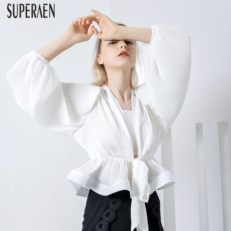 

SuperAen Solid Color Women Shirt Solid Color Wild Fashion Europe Blouses and Tops Female V-neck Waist Chiffon Shirt New 2019