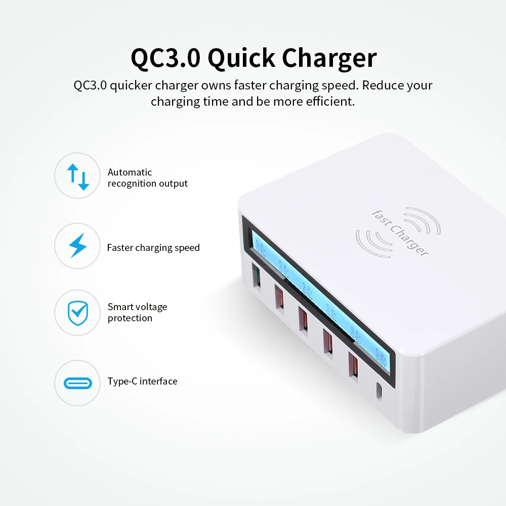 

Smart Charging Station with Quick Charge 3.0 6 Ports USB Charging Dock Wireless Charger of Universal Charging Station
