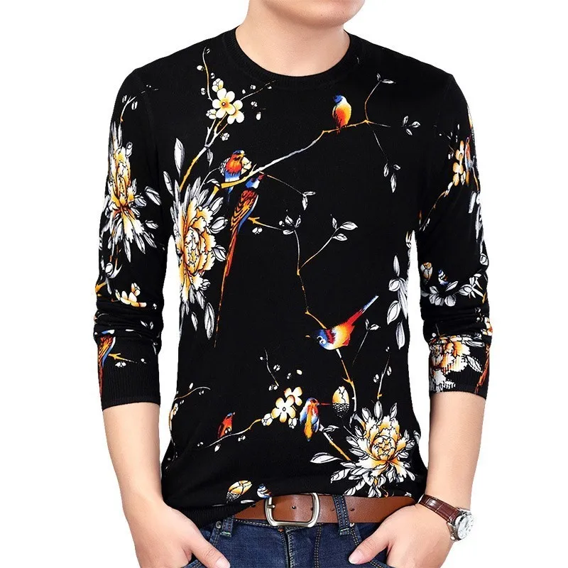 Мужской свитер с цветочным принтом Erkek Kazak облегающий птицы|Джемперы |